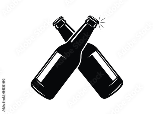 Vector illustration of two beer bottles crossed over each other in a celebratory gesture in black and white