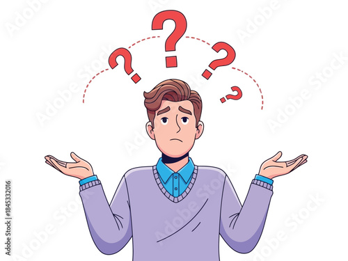 Vector illustration of a cartoon man with question marks above his head looking confused