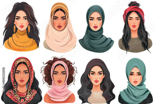 Portrait of arabic women with Different Hair set isolated