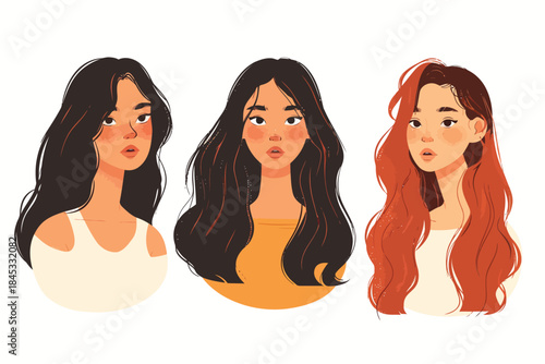 Portrait of asian women with Different Hair set isolated