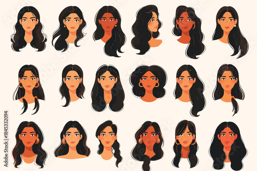 Portrait of indian women with Different Hair set isolated