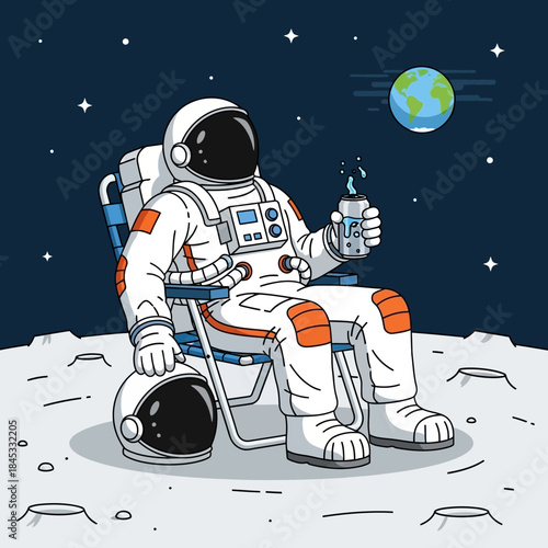 Astronaut enjoying beverage on moon surface while gazing earth illustration
