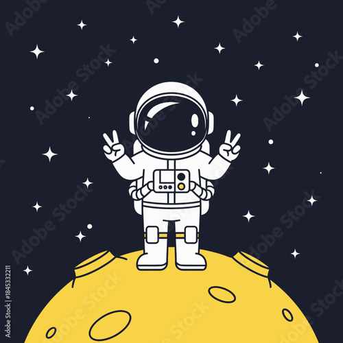 Cartoon astronaut strikes a peaceful pose on celestial body surrounded by stars