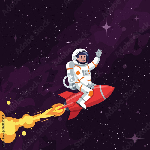 Whimsical astronaut embarking on an interstellar journey riding a bright red rocket through cosmic