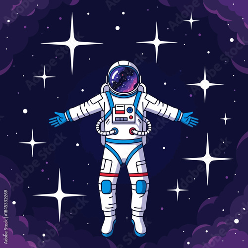 A whimsical astronaut floating amidst celestial stars and swirling nebulae in deep space