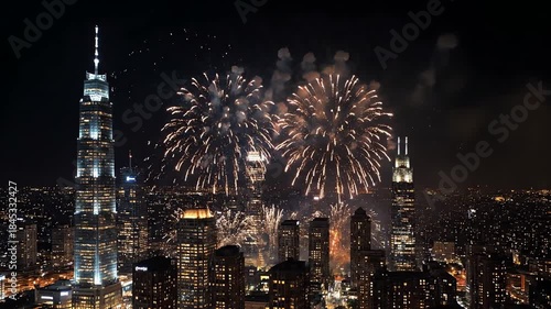 Spectacular Fireworks Exploding Over a Vibrant City Skyline at Night, Elevated View of Urban Celebration