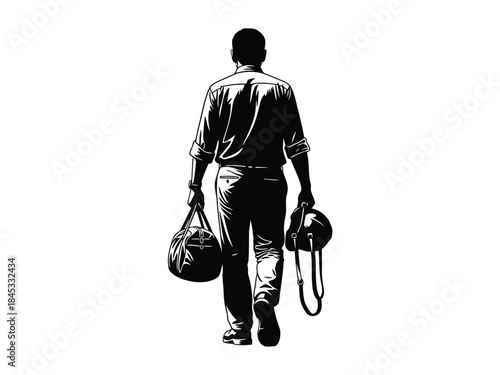 Vector illustration of a black silhouette of a man walking with a duffel bag and a helmet in his hands