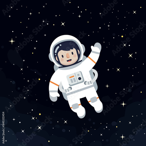 Cute astronaut floating in the vast expanse of space amidst twinkling stars for childrens book