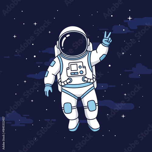 Illustration of a cheerful astronaut making a peace sign in outer space surrounded by stars
