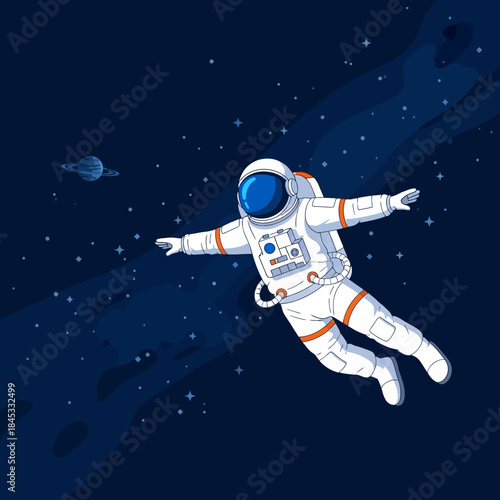 Astronaut's serene weightlessness amidst cosmic stars and distant planetary horizons vector art
