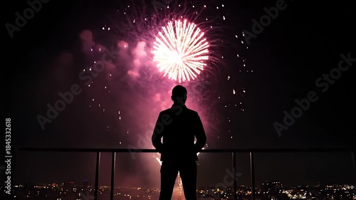Silhouette of a person enjoying a vibrant fireworks display over an urban cityscape at night from a high vantage point during a festive celebration.