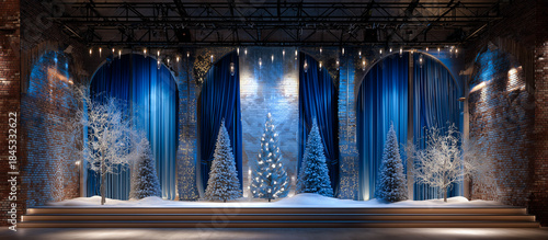 blue stage curtain with christmas concept
