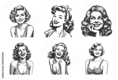 Smiling pin-up women with glamorous hairstyle and bright expressions charm and joy Set collection bundle sketch engraving generative ai vector illustration. Scratch board imitation. Black and white.