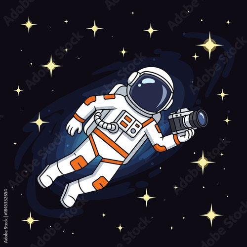 Astronaut in the cosmos, a cartoonish illustration of a space photographer floating among stars