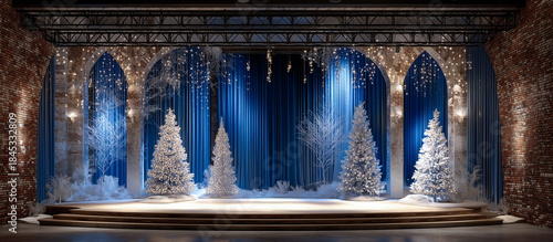 blue stage curtain with christmas concept