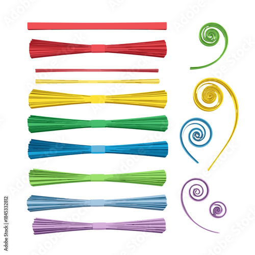 Colorful paper quilling strips and spirals in various shapes and colors  
