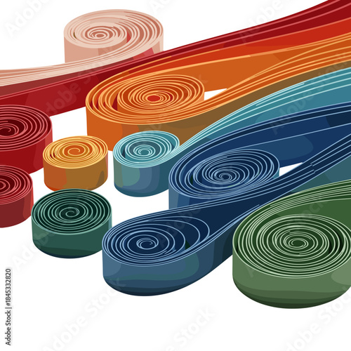 Colorful paper quilling strips arranged in various sizes and shapes  