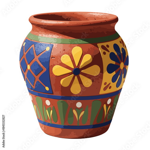 Painted terracotta pot with colorful floral designs and patterns  