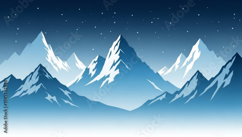 Snowy mountain range under starry night sky with white and blue hues and sharp peaks