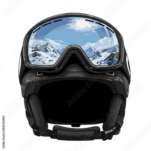 Ski goggles on helmet with mountain reflection in winter scenery  
