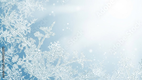 Intricate frosty floral pattern with white and light blue hues on a delicate background with a large empty space