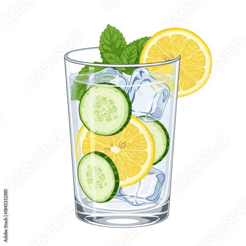 Glass of detox water with lemon and cucumber slices and mint  