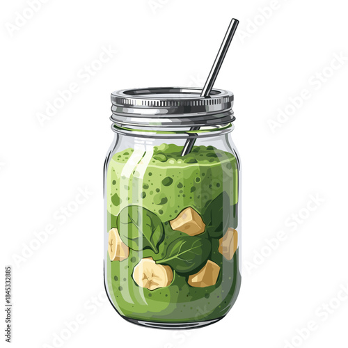 Smoothie in mason jar with spinach and banana pieces  