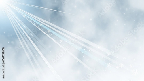 Radiant beams of light bursting through cloudy skies with sparkling snowflakes swirling around