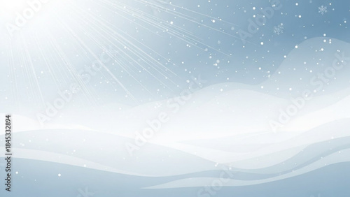 Winter landscape with snowflakes and sun rays shining brightly in clear blue sky with white clouds and rolling hills covered in snow