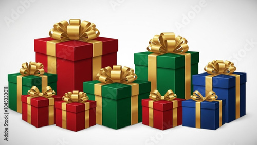 Colorful wrapped presents with golden bows on white background, festive holiday gifts, christmas presents, birthday presents, gift boxes