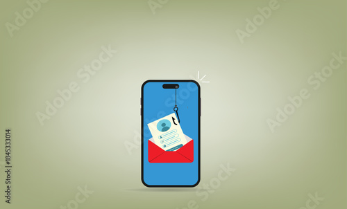 Phishing attack.Hooked login form pulled from an open envelope by a fishhook, symbolizing hacker credential theft and deceptive phishing email
