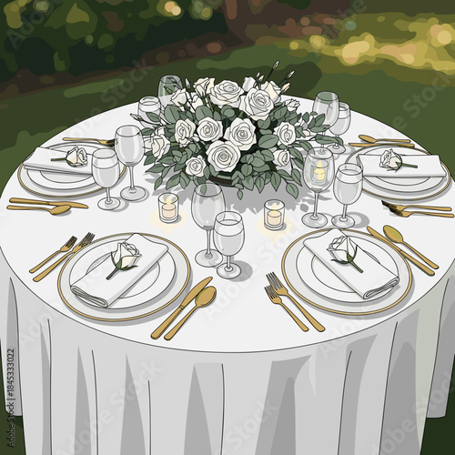 Elegant dinner table setting with white roses in garden  