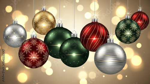 Colorful christmas ornaments hanging with sparkling lights background holiday decorations