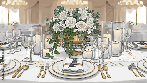 Elegant wedding table setup with floral centerpiece and candles  