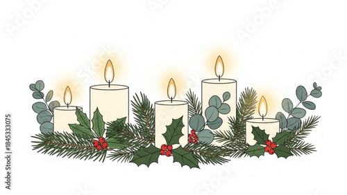 Christmas candles with holly and eucalyptus on white background, five white lit candles in a row with green leaves and red berries, festive holiday decoration