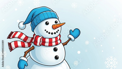 A cheerful snowman wearing a blue hat and scarf waving in a snowy background with a friendly smile and colorful winter clothing