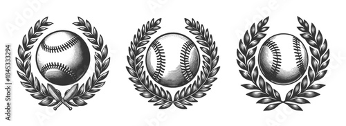 baseballs framed by laurel wreaths Set collection bundle sketch engraving generative ai vector illustration. Scratch board imitation. Black and white image.
