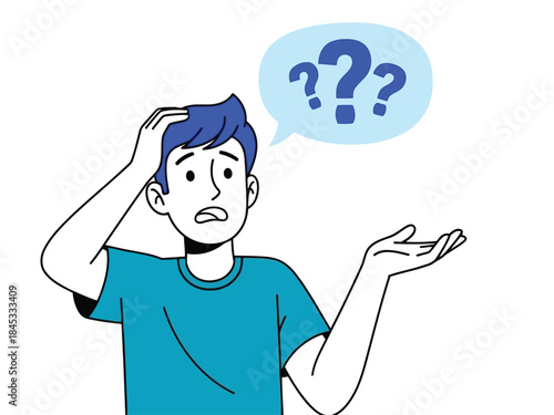 Vector illustration of a cartoon man with blue hair and a blue shirt looking confused with question marks above his head