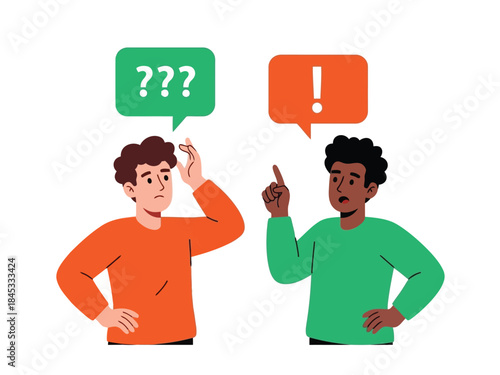 Vector illustration of two cartoon men having a conversation with question and exclamation marks above their heads