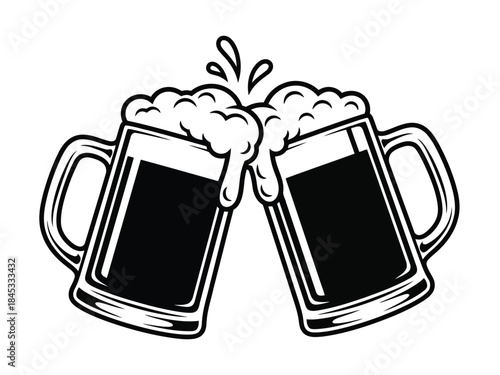 Vector illustration of two beer mugs clinking together with foam on