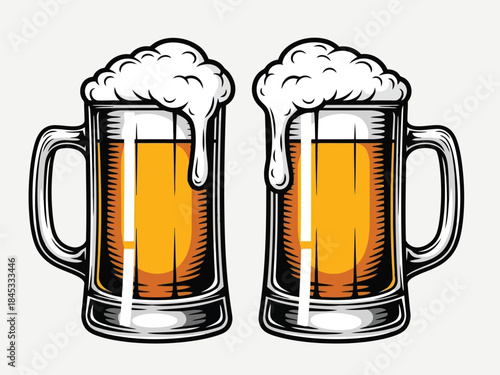 Vector illustration of two beer mugs with foam on top on light gray background