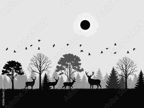 Vector illustration of black silhouette of deer and trees with birds flying under solar eclipse in forest landscape