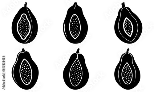 Five Black Papaya Fruit Silhouettes with Seeds on White Background