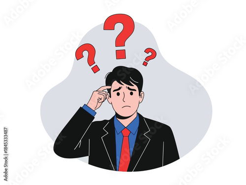 Vector illustration of a cartoon man in a business suit with question marks above his head thinking deeply