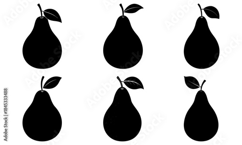 Five black pears with leaves on white background fruit silhouette