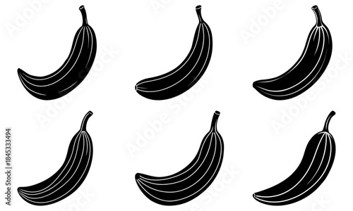 Five black bananas with white outlines on a transparent background