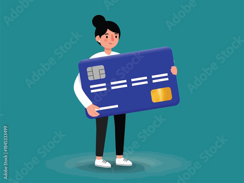 Vector illustration of woman holding large blue credit card on teal background