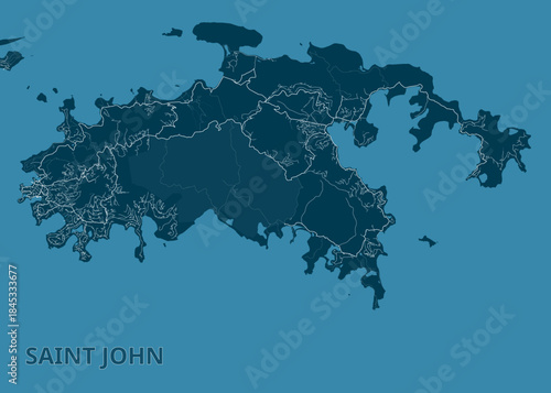 Map of Saint John Island. The island is depicted in a dark teal color, with lighter teal lines indicating roads and boundaries. The surrounding water is a similar teal hue.