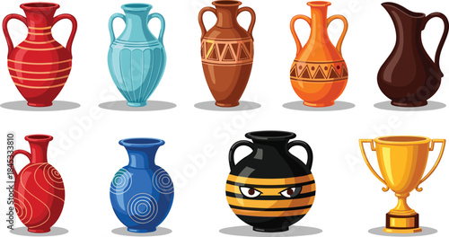 Illustration of ten artistic vessels including amphorae, jugs, and trophy cup with diverse colors, patterns, and cultural styles