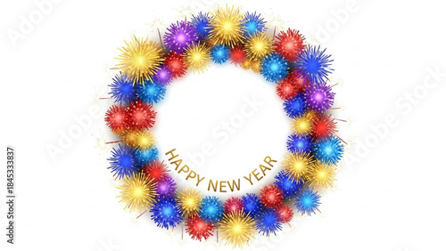 Realistic Happy New Year Fireworks Frame with Colorful Bursts and Gold Text Vector Illustration